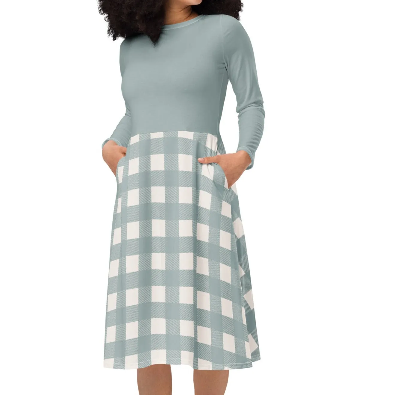 Cottage Blue Buffalo Plaid Midi Dress (S-6XL)