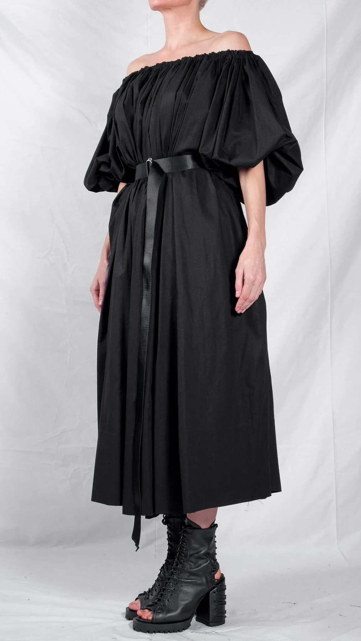 Cotton Midi Dress with Puff Sleeves