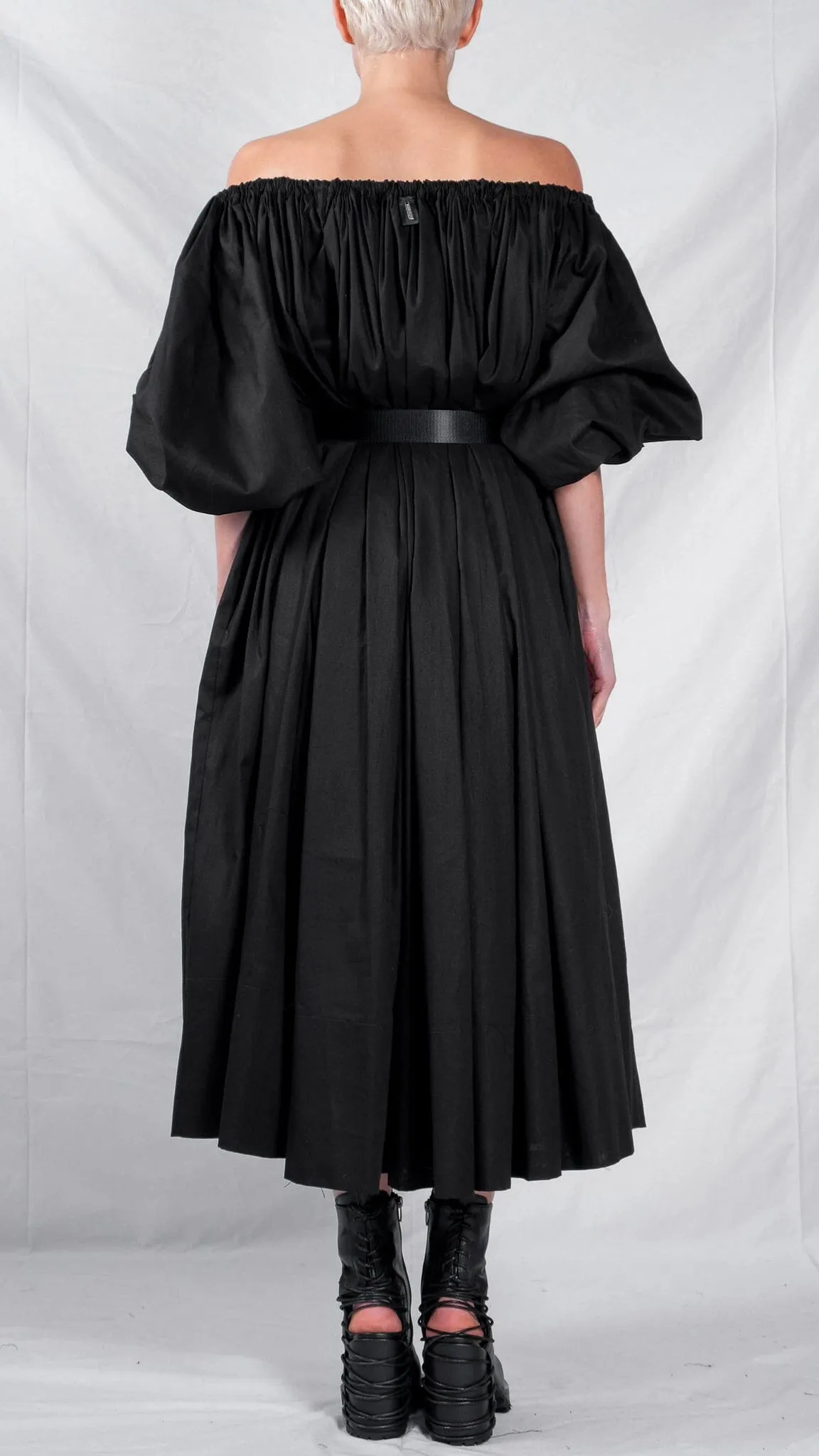 Cotton Midi Dress with Puff Sleeves