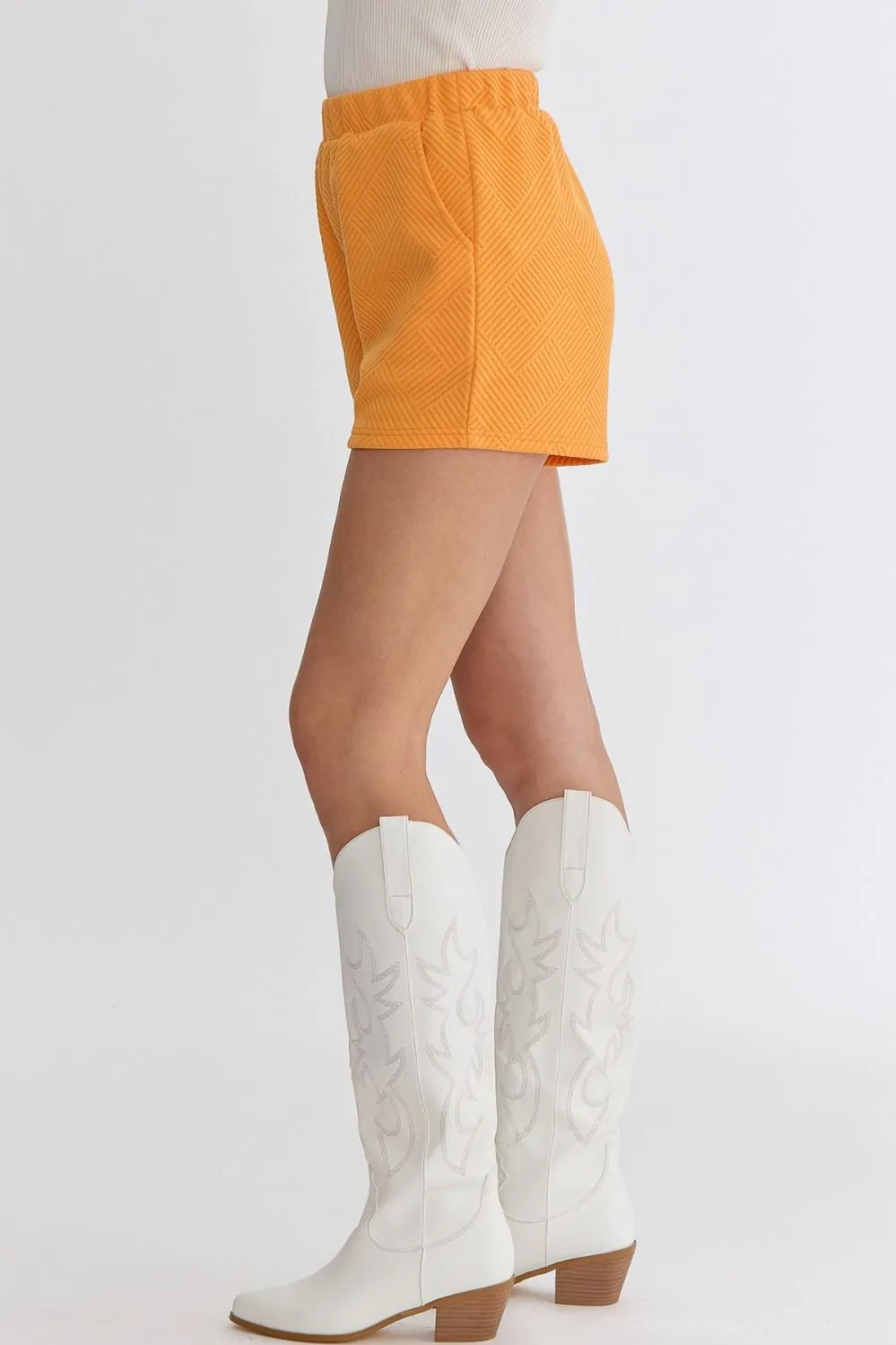 Daisy Textured High-Waisted Shorts Featuring Elastic Waistband In Orange