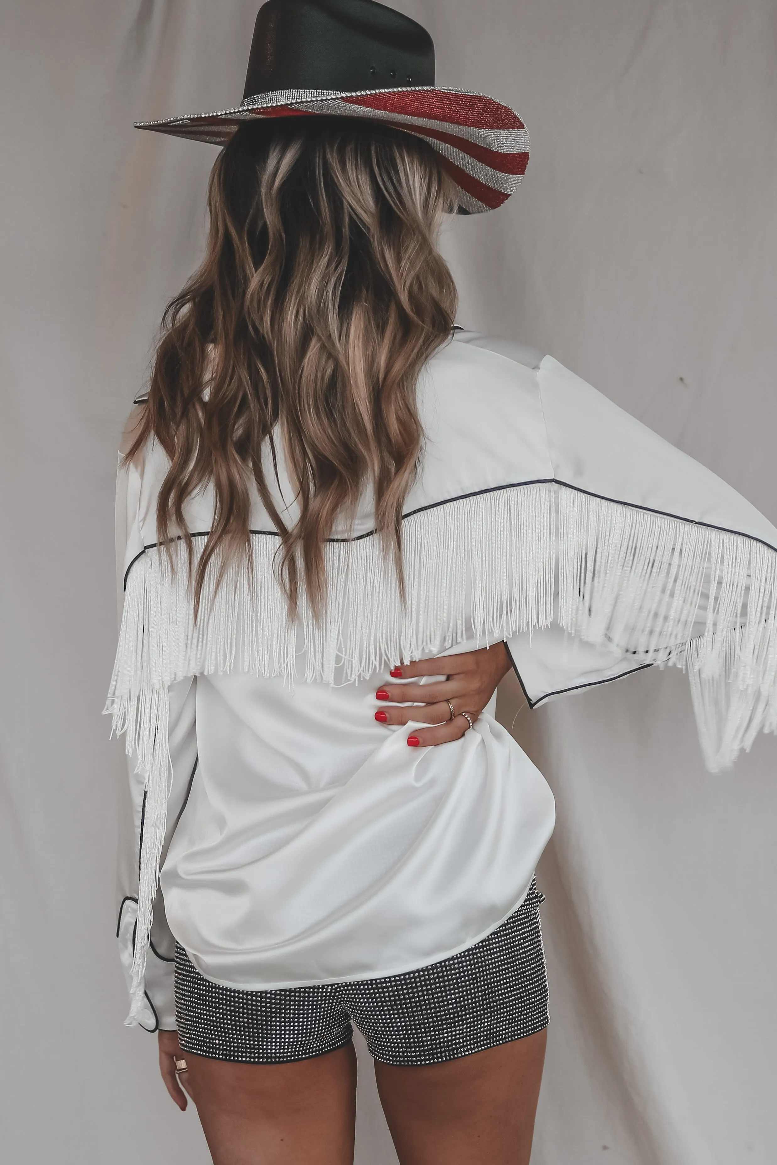 DEAL Buckle Up Bestie Satin Western Button Up Top
