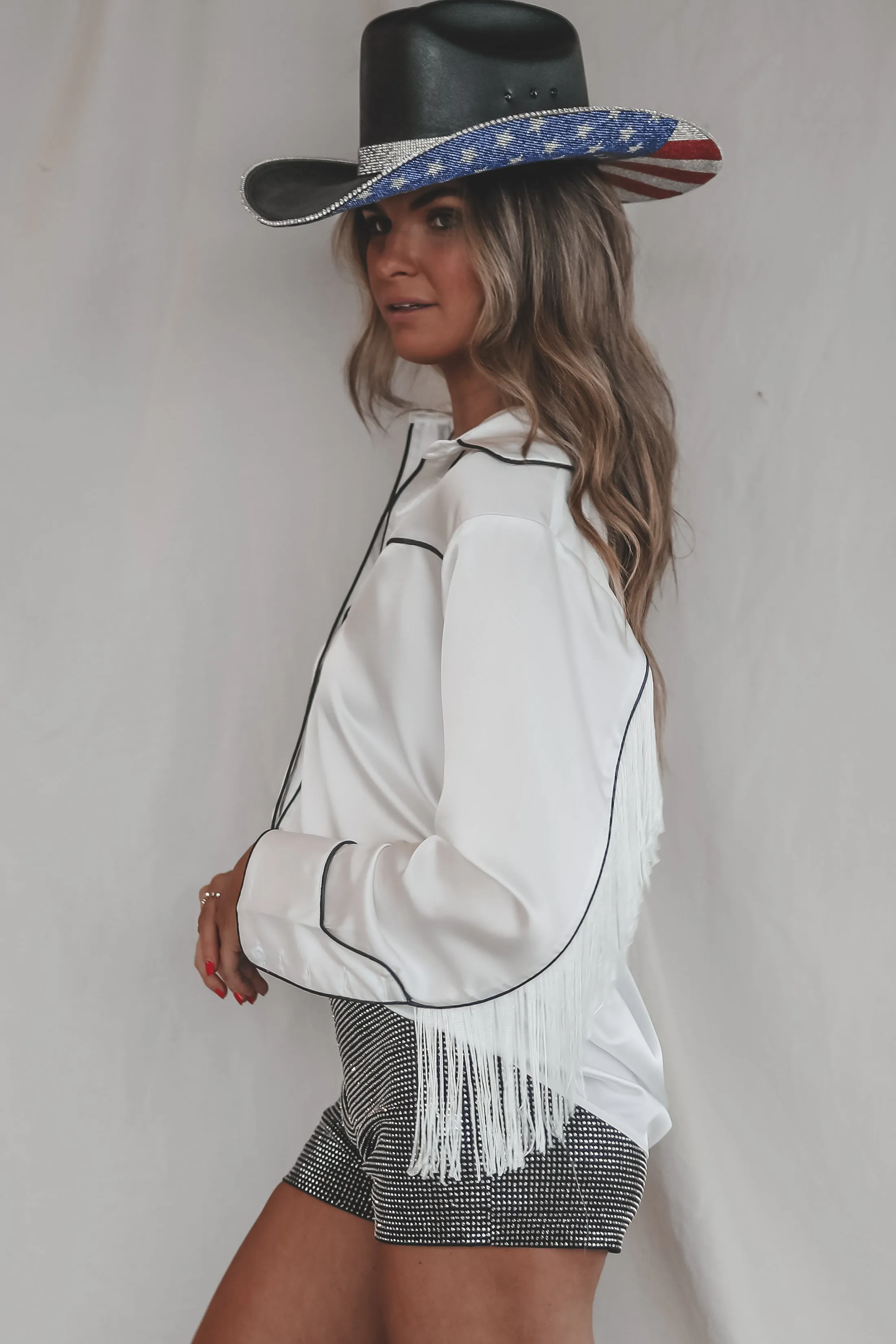 DEAL Buckle Up Bestie Satin Western Button Up Top