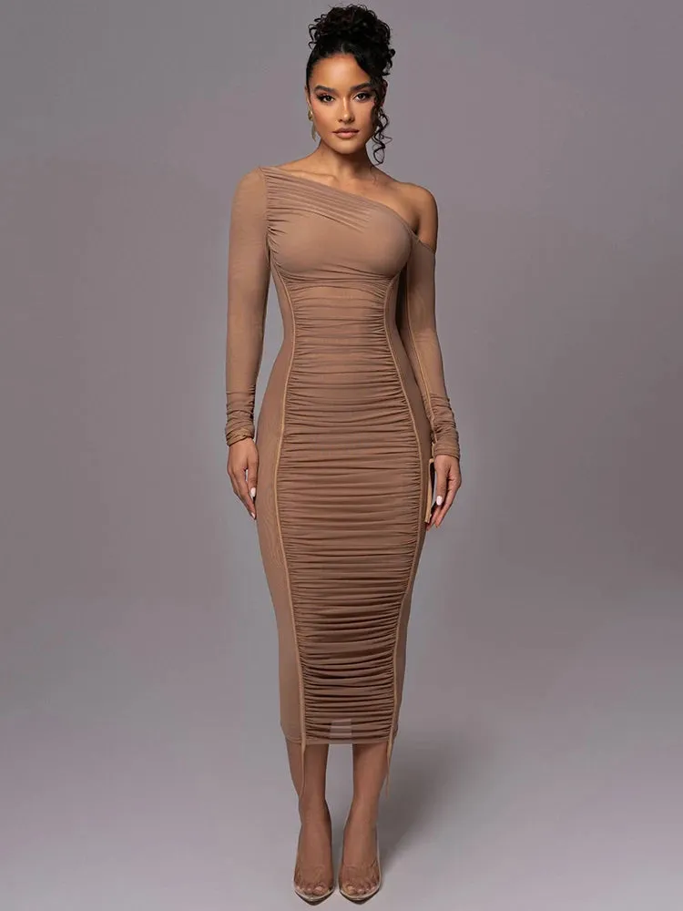 Diagonal Collar Long Sleeve Midi Dress Two Layer Mesh Backless Ruched Bodycon Club Party Sexy Long Dress