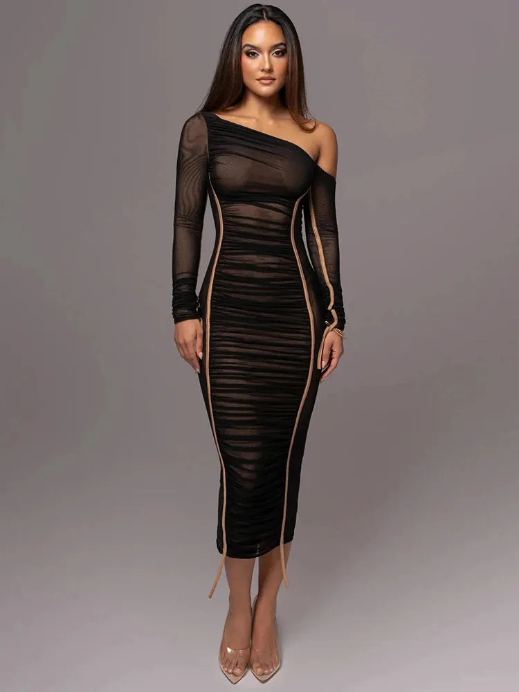 Diagonal Collar Long Sleeve Midi Dress Two Layer Mesh Backless Ruched Bodycon Club Party Sexy Long Dress