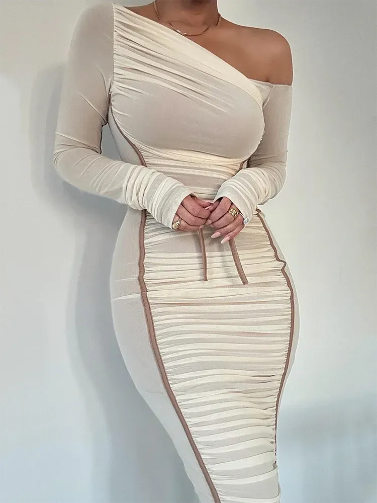 Diagonal Collar Long Sleeve Midi Dress Two Layer Mesh Backless Ruched Bodycon Club Party Sexy Long Dress