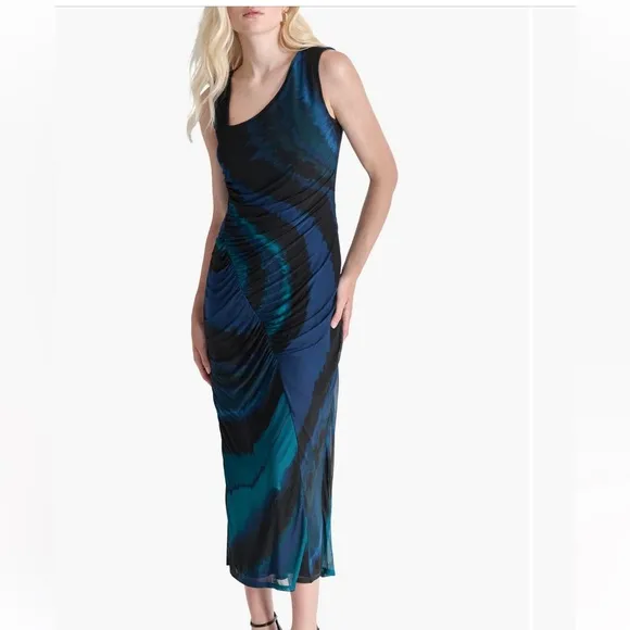 DKNY mesh overlay midi dress. Black with nude lining. SIZE 10.  NWT