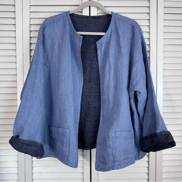 Eileen Fisher Irish Linen Reversible Blue Blazer Jacket Cardigan Lagenlook