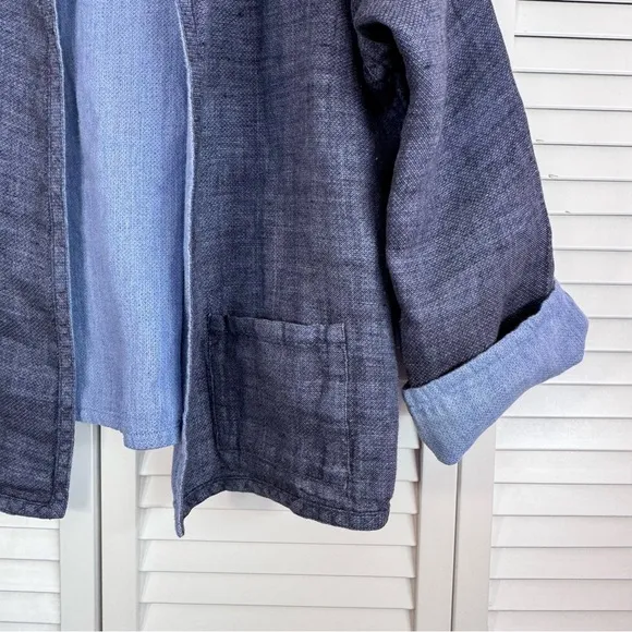 Eileen Fisher Irish Linen Reversible Blue Blazer Jacket Cardigan Lagenlook