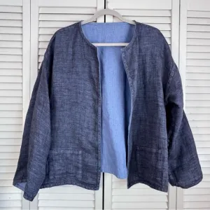 Eileen Fisher Irish Linen Reversible Blue Blazer Jacket Cardigan Lagenlook