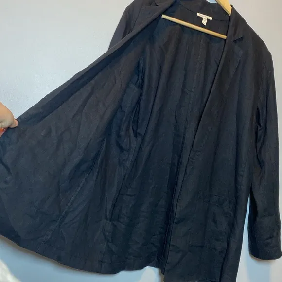 Eileen Fisher Notch Lapel Longline Blazer Womens Medium Black Organic Linen Open