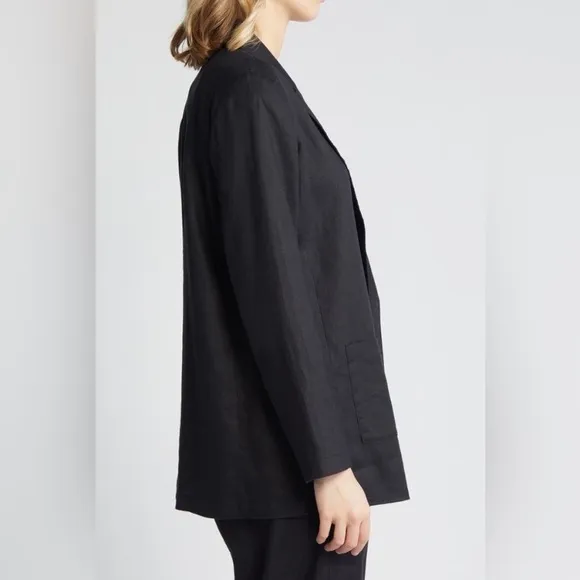 Eileen Fisher Notch Lapel Longline Blazer Womens Medium Black Organic Linen Open