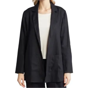 Eileen Fisher Notch Lapel Longline Blazer Womens Medium Black Organic Linen Open