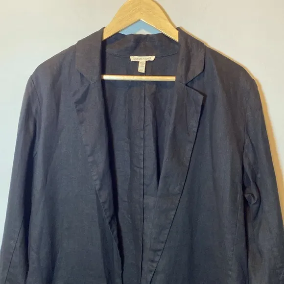 Eileen Fisher Notch Lapel Longline Blazer Womens Medium Black Organic Linen Open