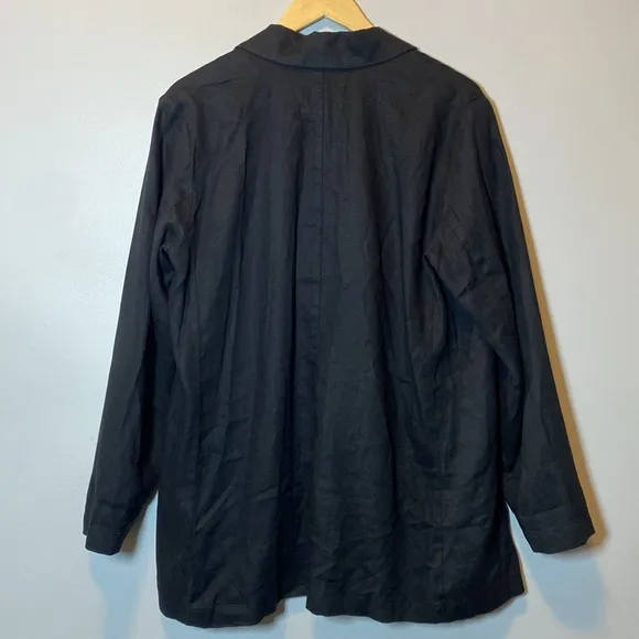 Eileen Fisher Notch Lapel Longline Blazer Womens Medium Black Organic Linen Open