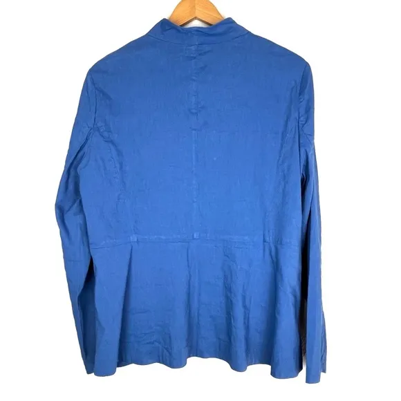 Eileen Fisher Organic Linen Blend Zip Front Blazer Pockets Blue size large