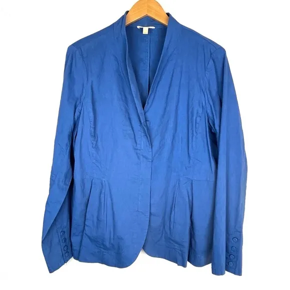 Eileen Fisher Organic Linen Blend Zip Front Blazer Pockets Blue size large