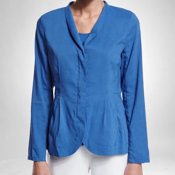 Eileen Fisher Organic Linen Blend Zip Front Blazer Pockets Blue size large