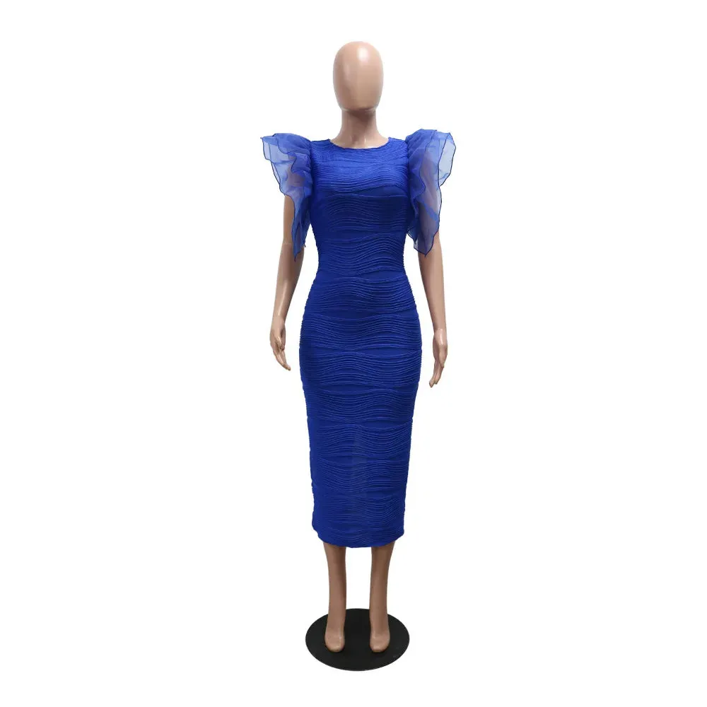 Elegant Hot Striped Bodycon Midi Dress with Sheer Ruffle Sleeves
