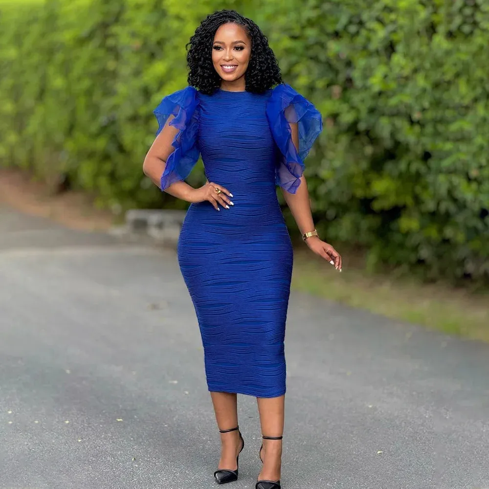 Elegant Hot Striped Bodycon Midi Dress with Sheer Ruffle Sleeves
