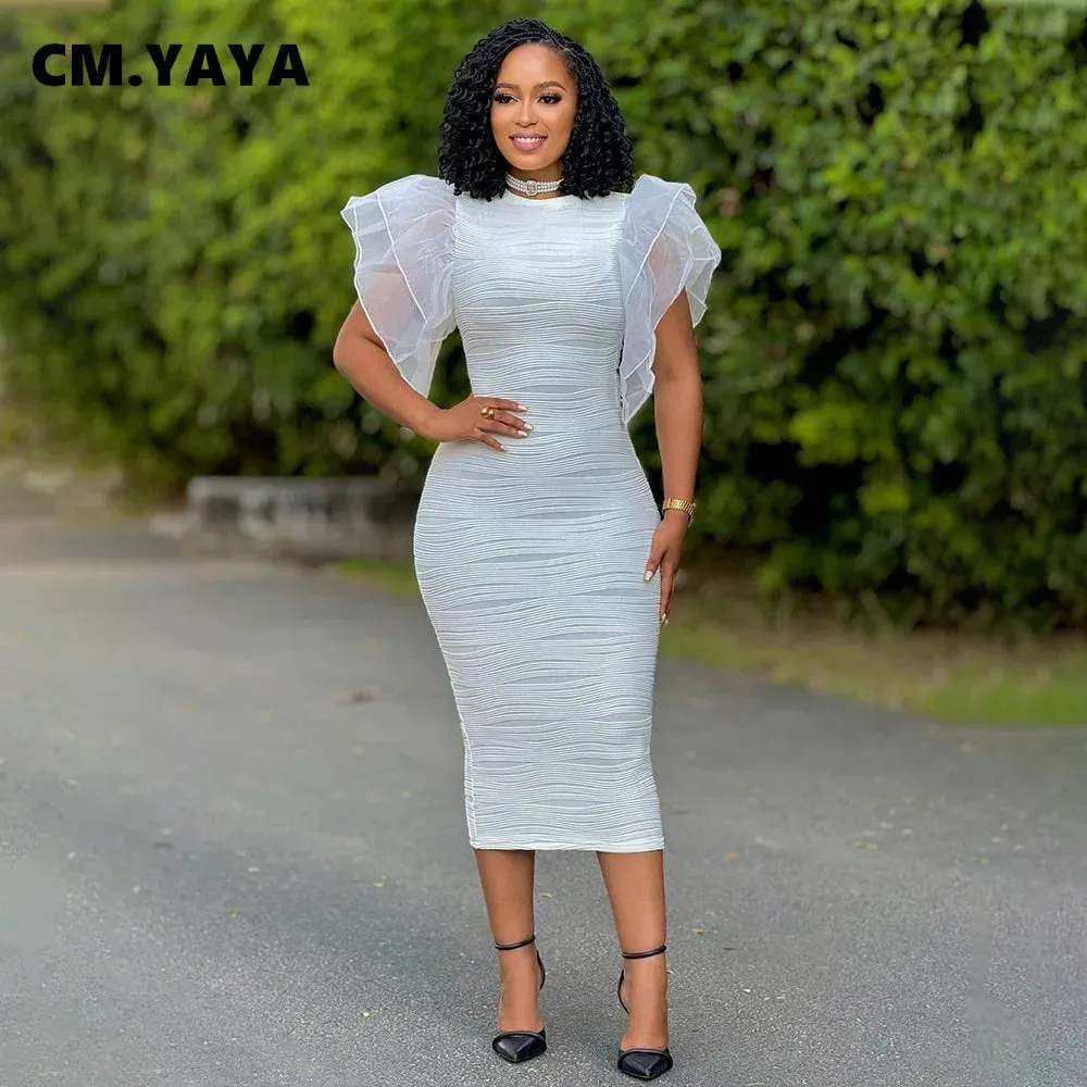 Elegant Hot Striped Bodycon Midi Dress with Sheer Ruffle Sleeves