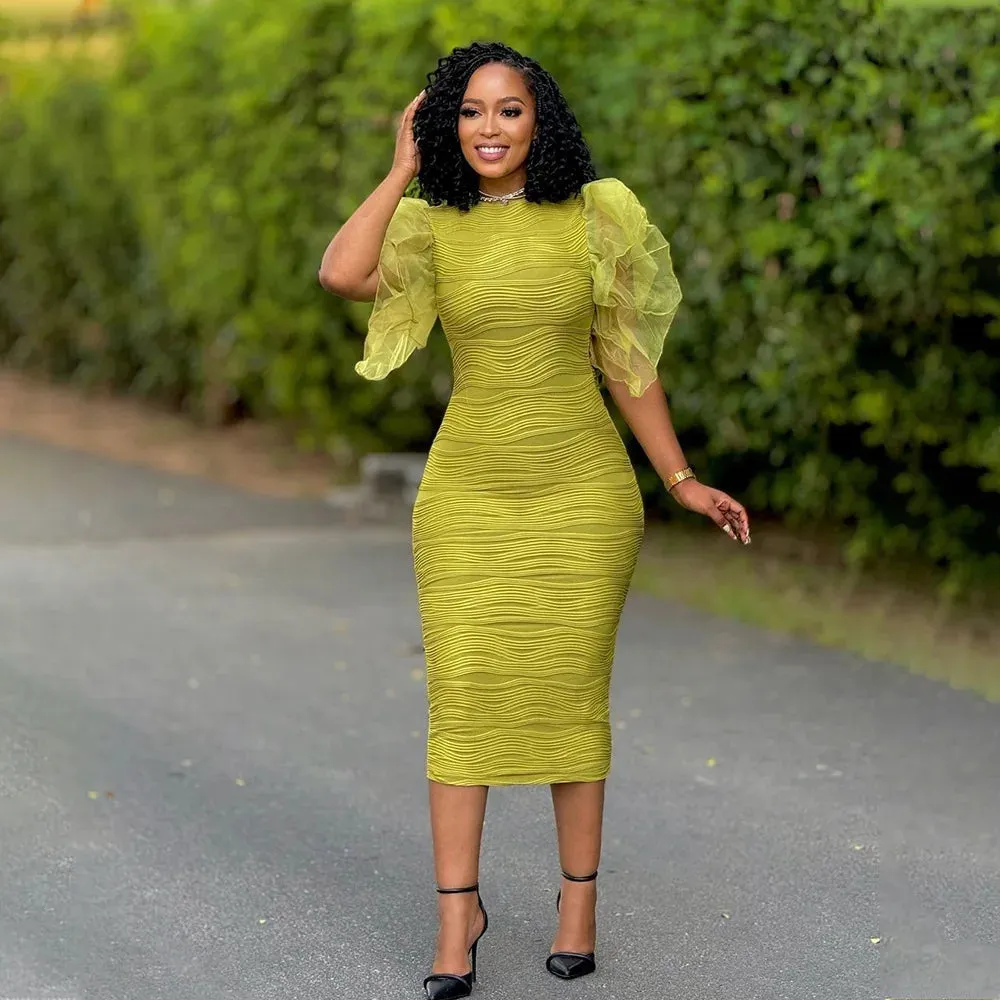 Elegant Hot Striped Bodycon Midi Dress with Sheer Ruffle Sleeves