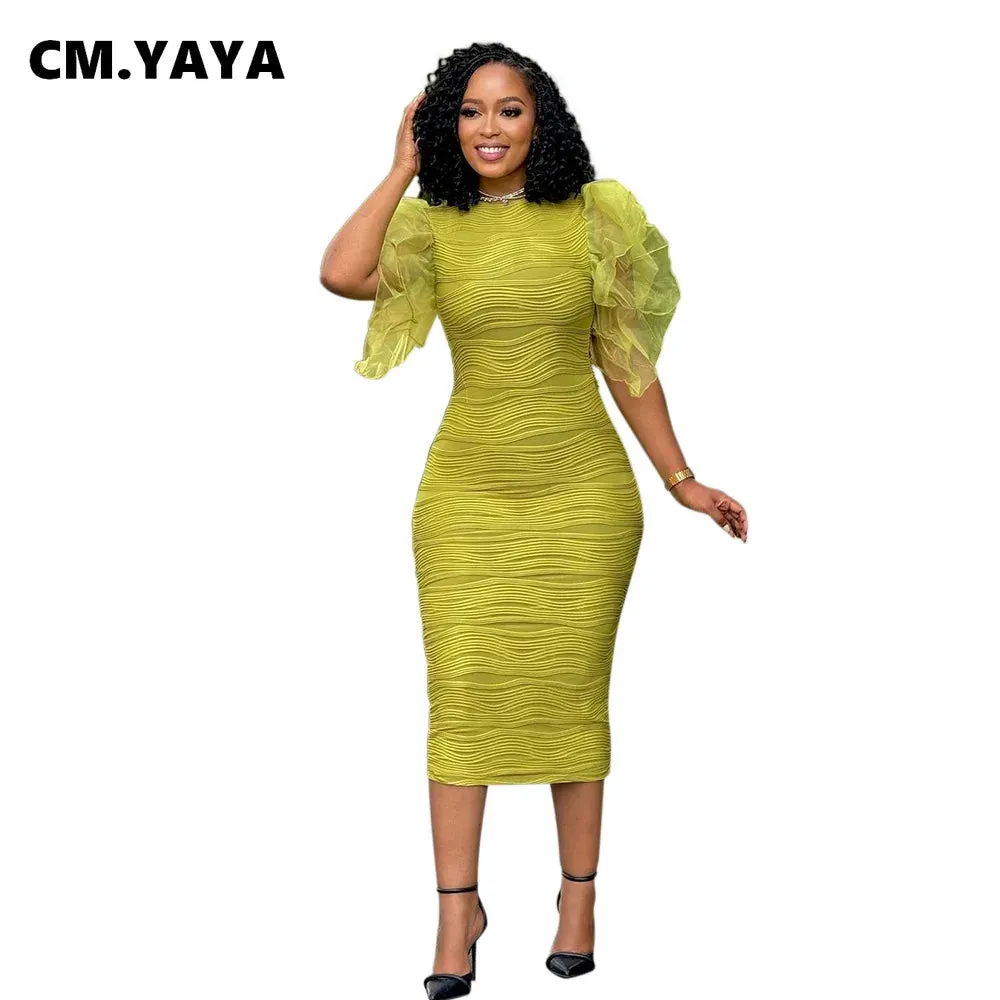 Elegant Hot Striped Bodycon Midi Dress with Sheer Ruffle Sleeves