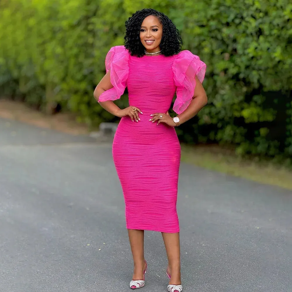 Elegant Hot Striped Bodycon Midi Dress with Sheer Ruffle Sleeves