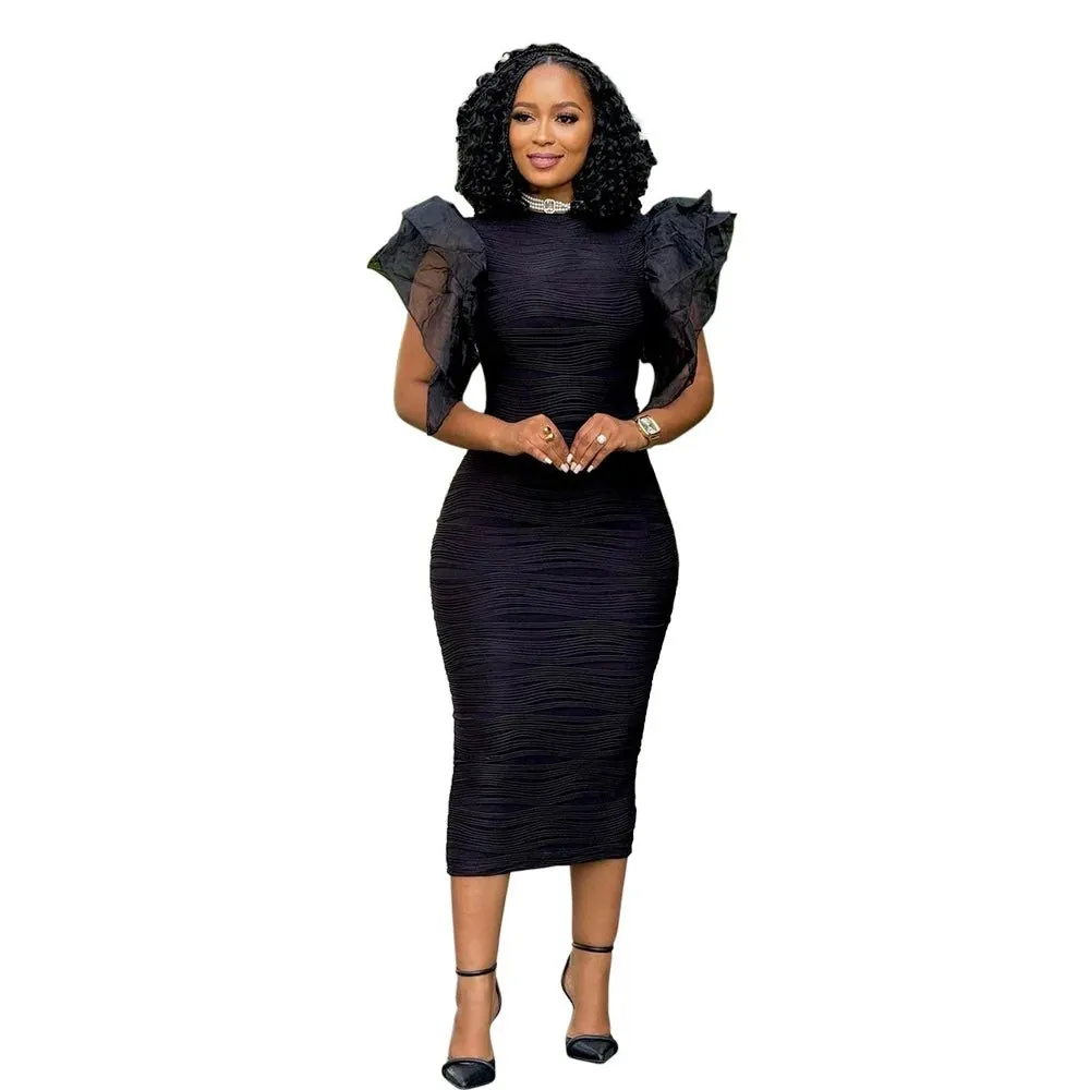 Elegant Hot Striped Bodycon Midi Dress with Sheer Ruffle Sleeves