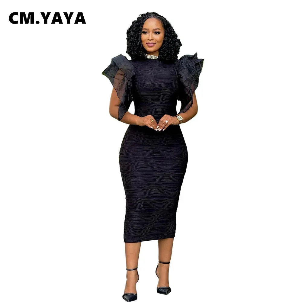 Elegant Hot Striped Bodycon Midi Dress with Sheer Ruffle Sleeves