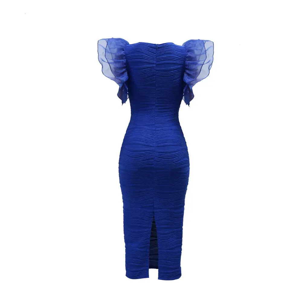 Elegant Hot Striped Bodycon Midi Dress with Sheer Ruffle Sleeves