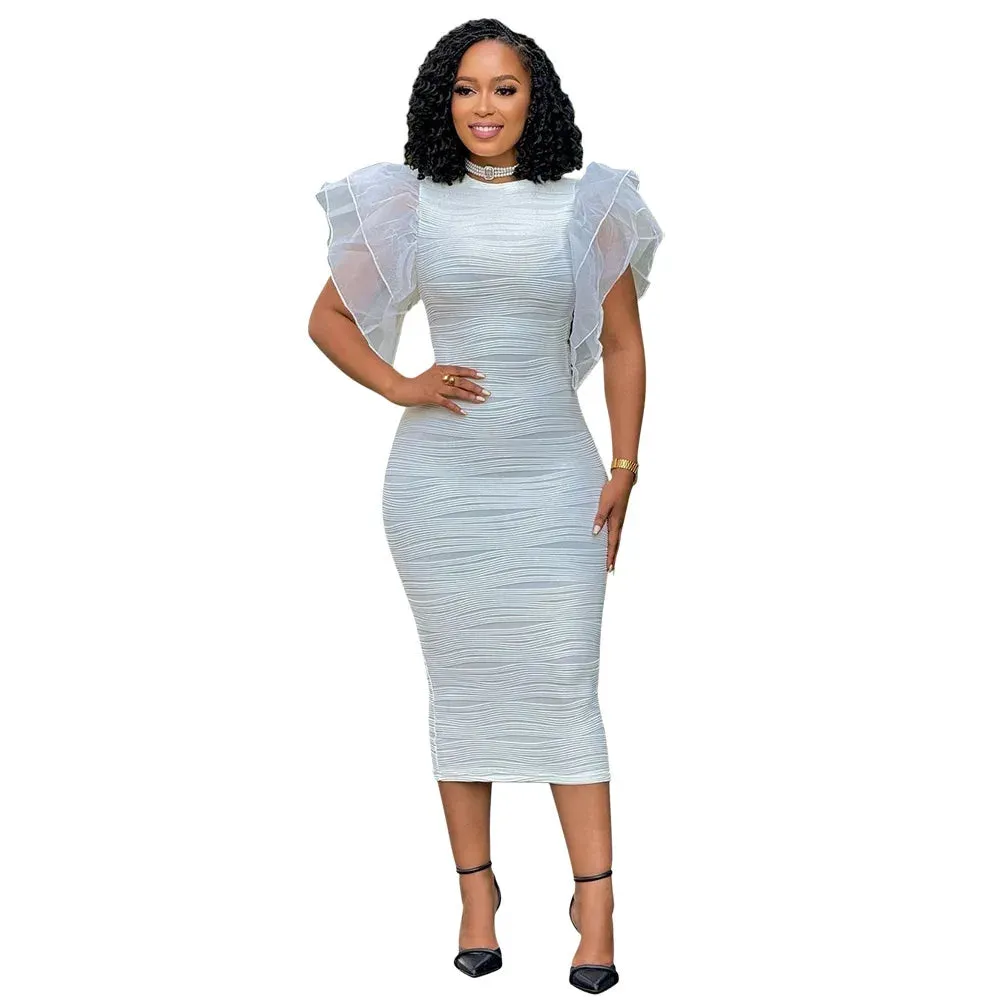 Elegant Hot Striped Bodycon Midi Dress with Sheer Ruffle Sleeves