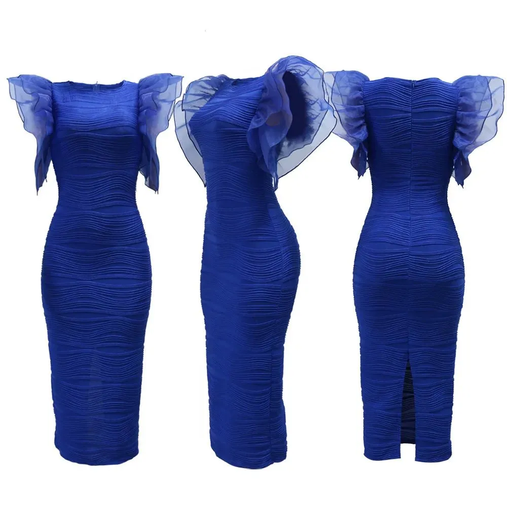 Elegant Hot Striped Bodycon Midi Dress with Sheer Ruffle Sleeves
