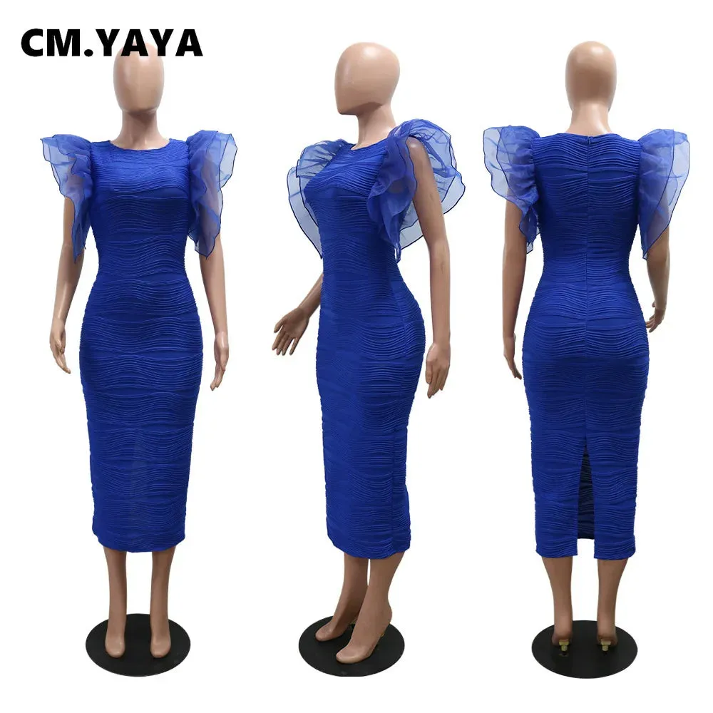Elegant Hot Striped Bodycon Midi Dress with Sheer Ruffle Sleeves