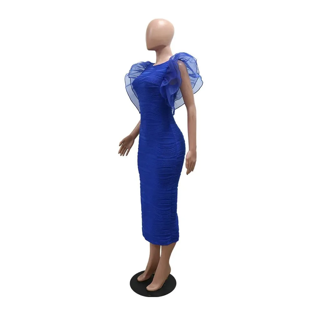 Elegant Hot Striped Bodycon Midi Dress with Sheer Ruffle Sleeves
