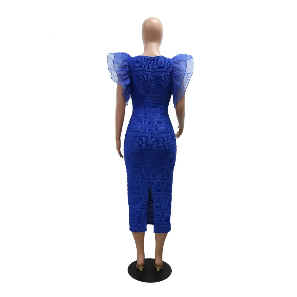 Elegant Hot Striped Bodycon Midi Dress with Sheer Ruffle Sleeves