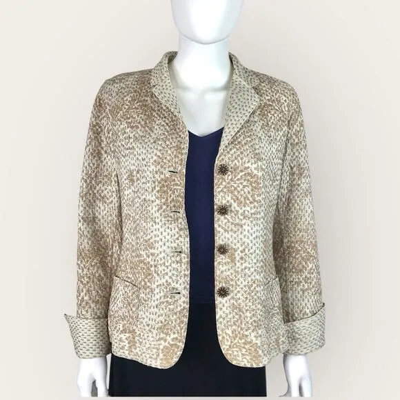 Elie Tahari Reversable Beige &amp; Tan Brown Blazer Embroidered Cuffed Jacket
