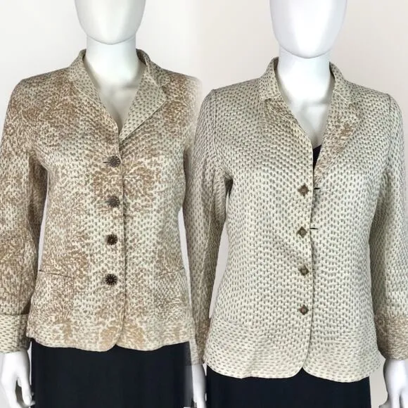Elie Tahari Reversable Beige &amp; Tan Brown Blazer Embroidered Cuffed Jacket