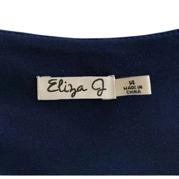 Eliza J Navy Blue Faux Wrap Fit and Flair Long Sleeve V-neck Knit Dress Size 14