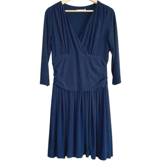 Eliza J Navy Blue Faux Wrap Fit and Flair Long Sleeve V-neck Knit Dress Size 14