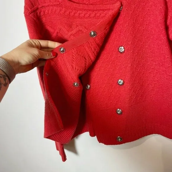 Elizabeth and James Cable Knit Asymmetrical  Cardigan Sweater Red Orange S Snap