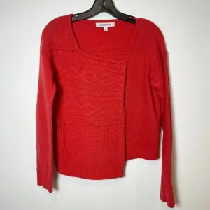 Elizabeth and James Cable Knit Asymmetrical  Cardigan Sweater Red Orange S Snap