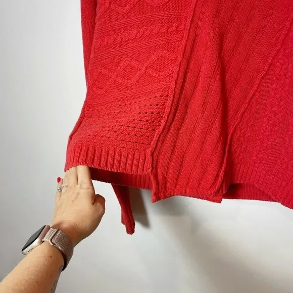 Elizabeth and James Cable Knit Asymmetrical  Cardigan Sweater Red Orange S Snap