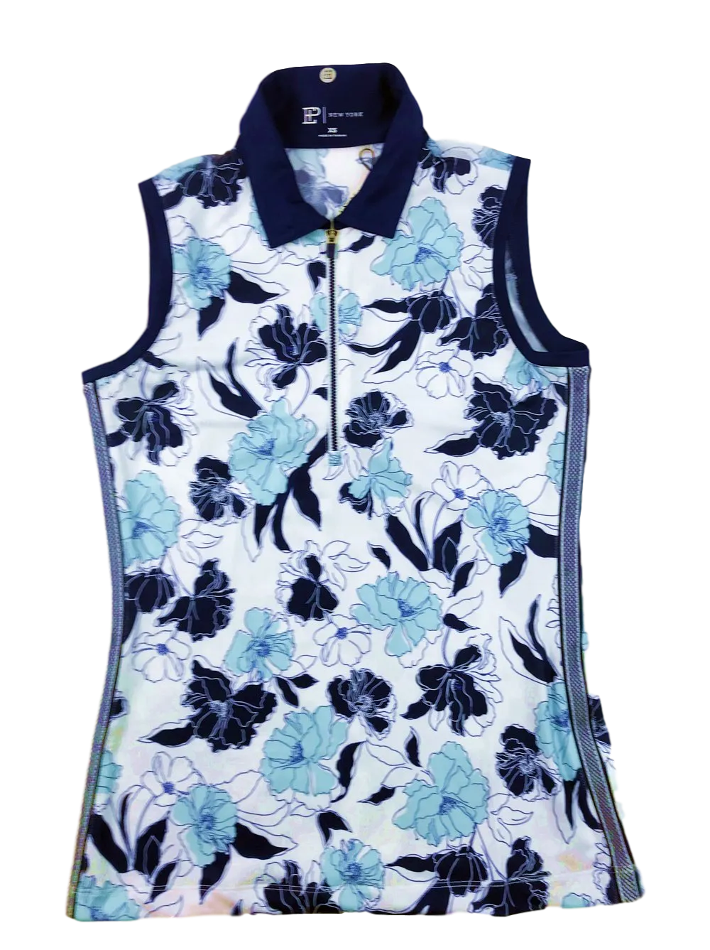 EP NY Stencil Floral Print Zip Mock Polo Sleeveless