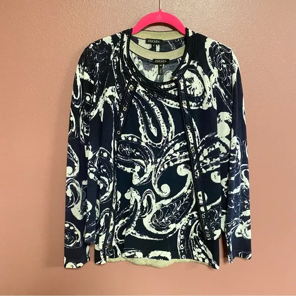 Escada navy paisley sweater set tank size medium &amp; cardigan size small