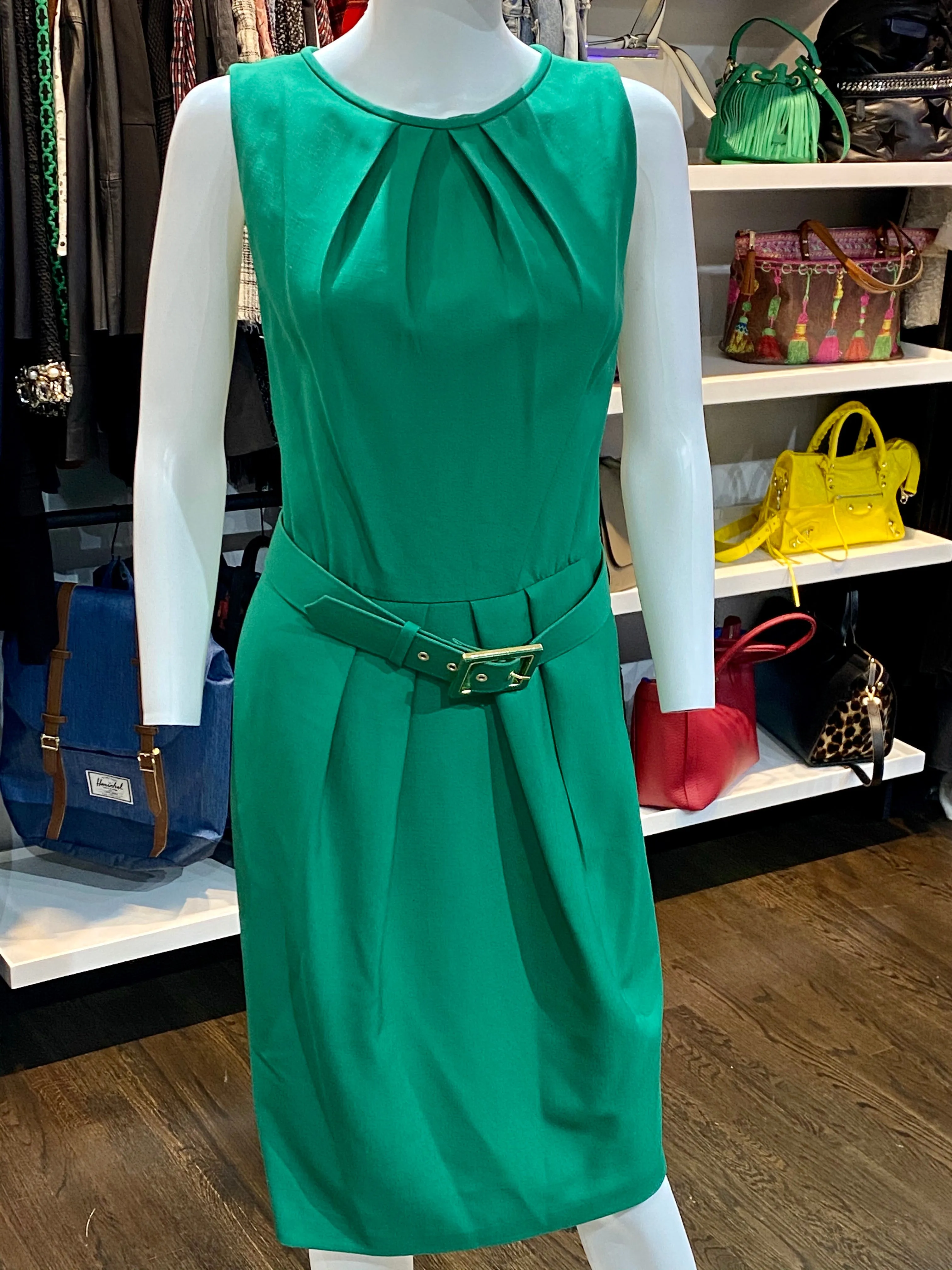 Escada Straight Round Neck Pleated Waist Dress with Belt