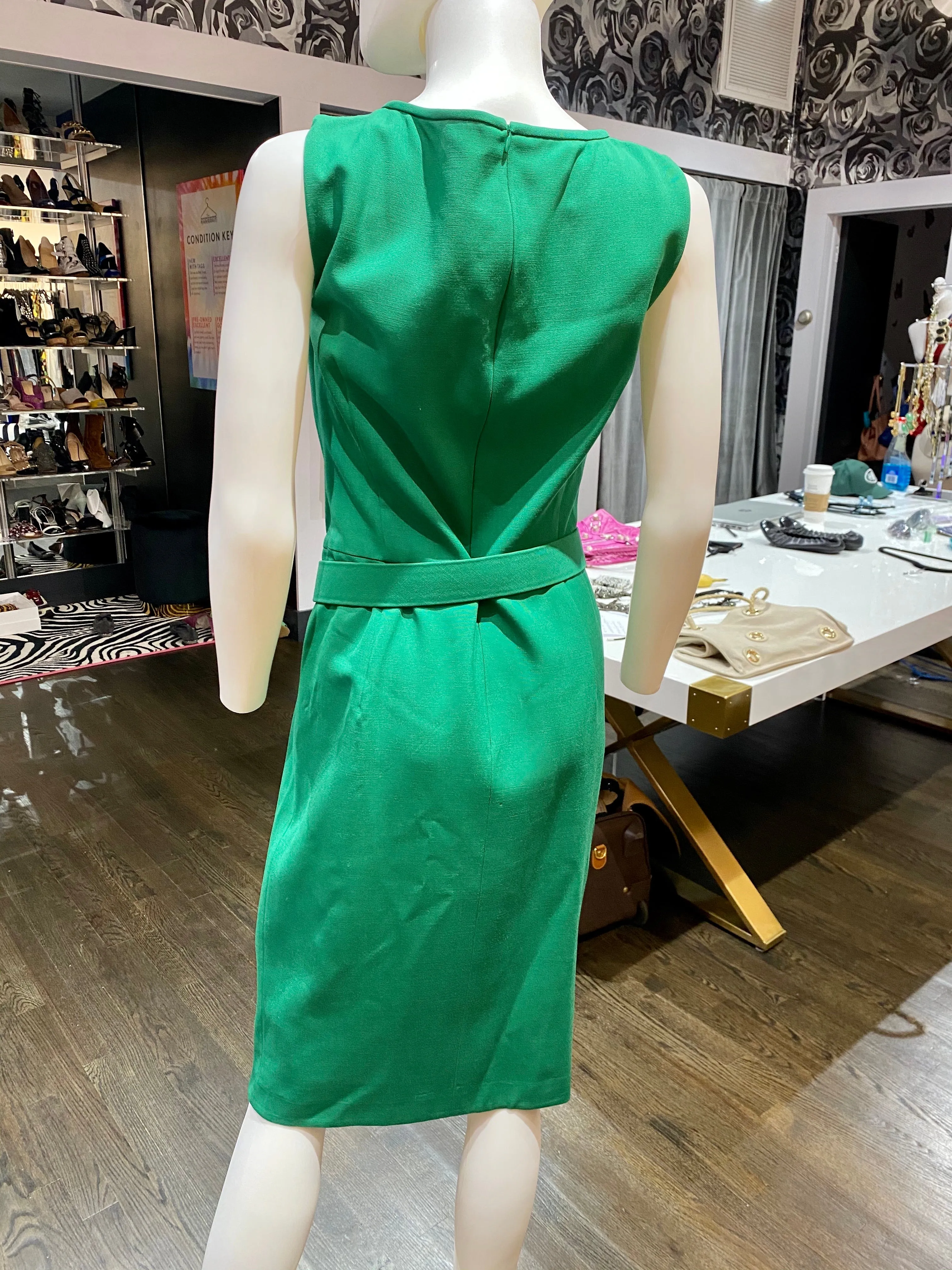 Escada Straight Round Neck Pleated Waist Dress with Belt