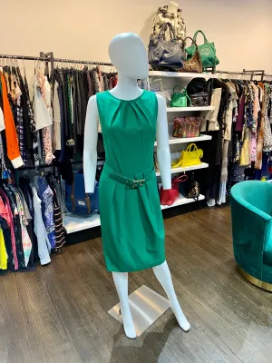 Escada Straight Round Neck Pleated Waist Dress with Belt