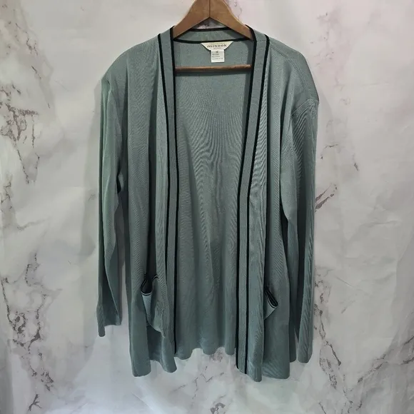 Exclusively Misook Cardigan Women 2X Blue Black Open Front Sweater Topper Jacket