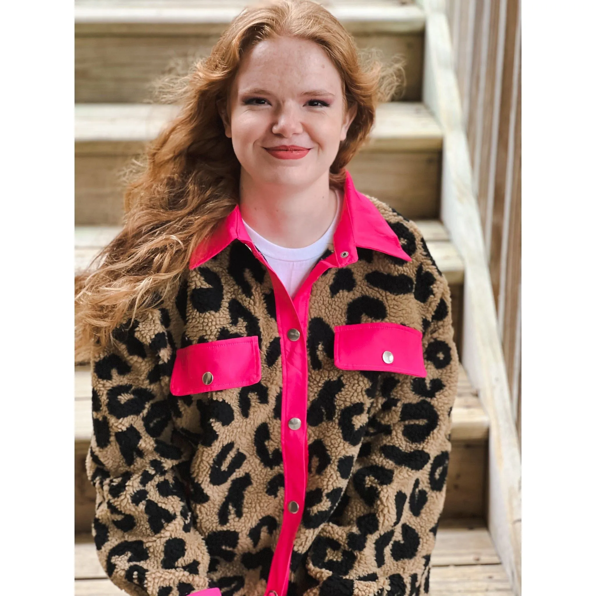 Fleece Leopard Shackets with Front Pockets.