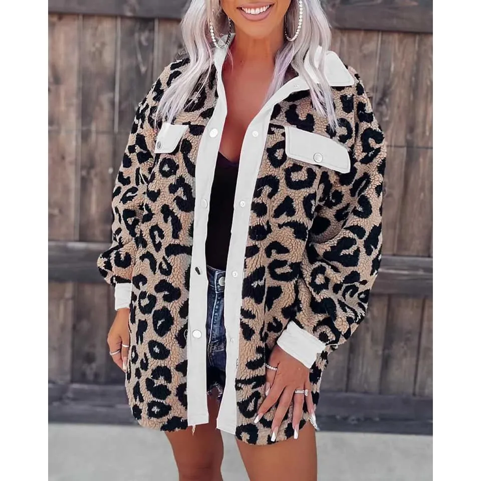 Fleece Leopard Shackets with Front Pockets.